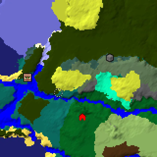 Overworld biome map of seed 409887994598042 around spawn at Y 0, with the village and lush caves marked