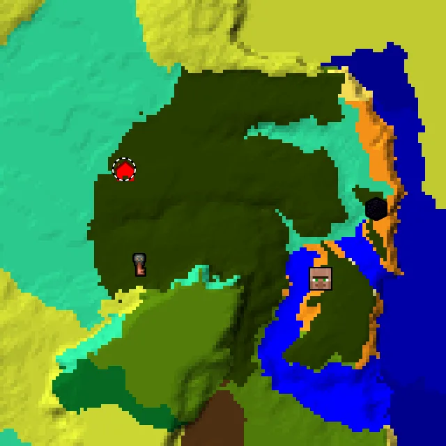 Overworld biome map of seed 5838641044221633 around spawn at Y 0, with the village and lush caves marked