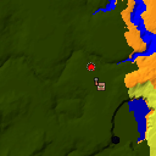 Overworld biome map of seed 707389573096835 around spawn at Y 0, with the village and lush caves marked